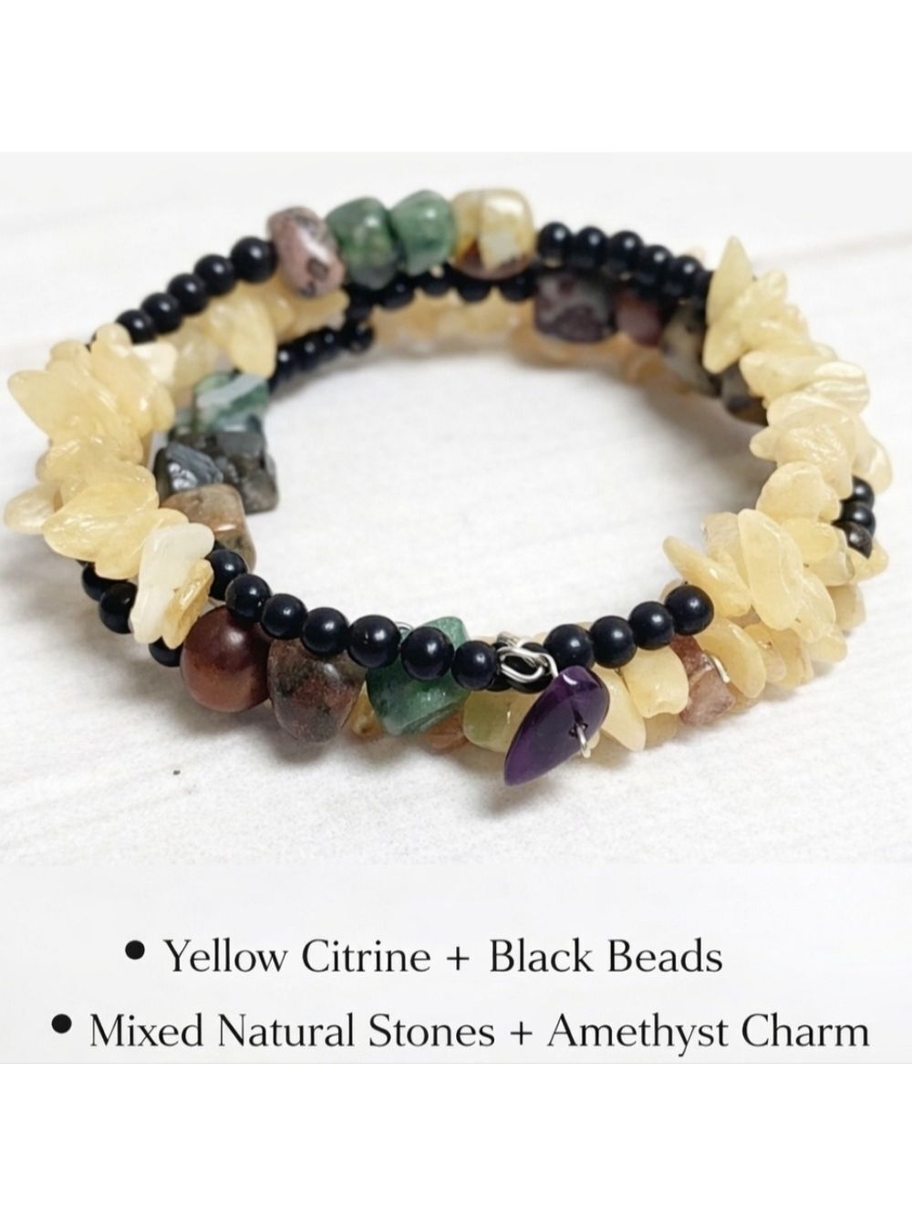 Citrine + Mixed Natural Stone Coil Bracelet Set | Amethyst Charm - New